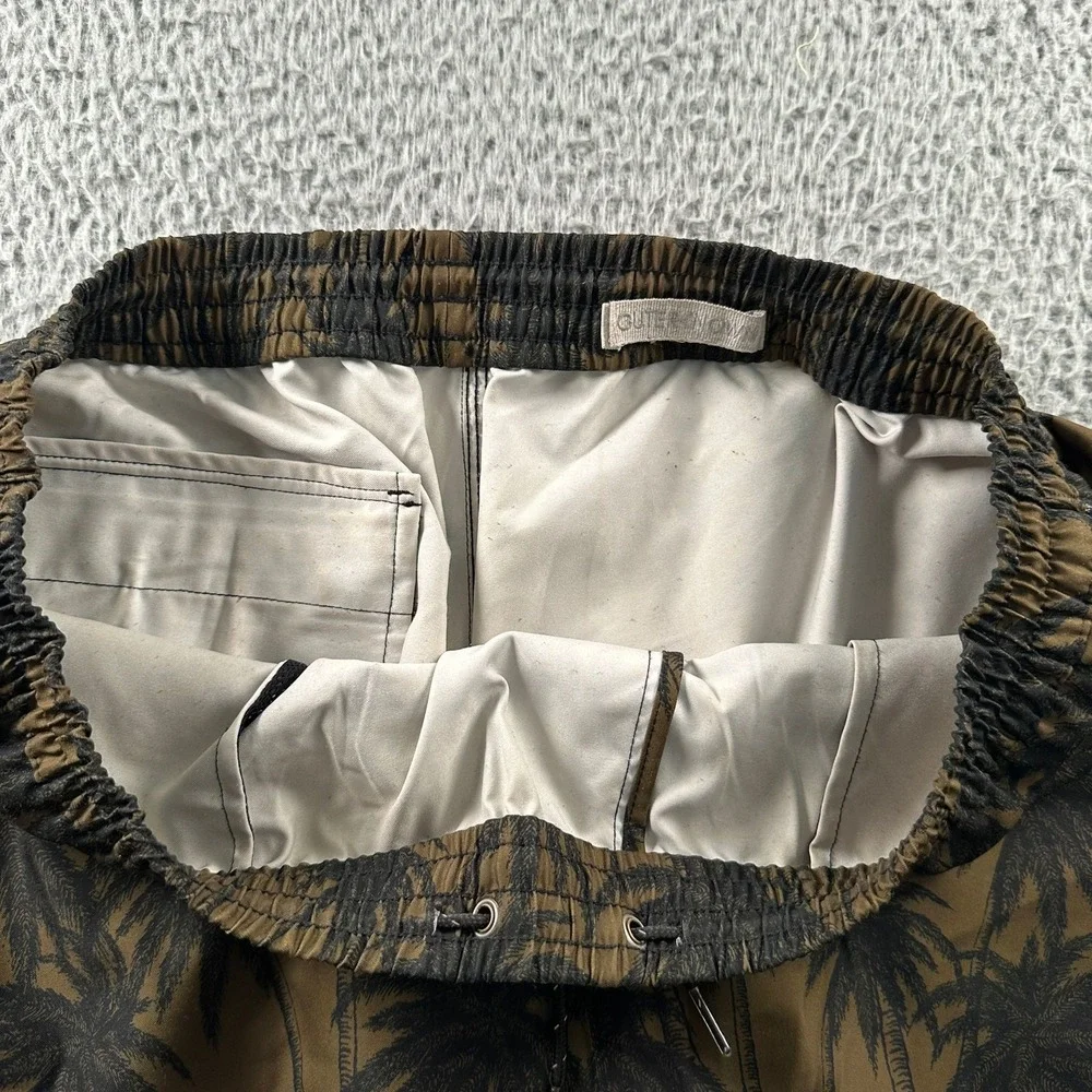 Outerknown Swim Trunks Mens 33 Olive Palm Print Drawstring Unlined Quick‎ Dry
